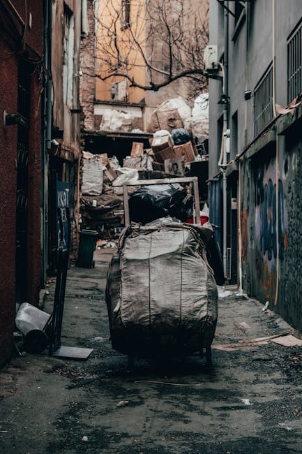 A narrow urban alleyway filled with an accumulation of large black and white garbage bags and cardboard boxes stacked towards the back, with some bags leaning against cluttered wooden pallets. The ground is uneven and covered in dirt, with visible patches of wetness and debris scattered around. To the left, a dark red brick wall features graffiti, while on the right, a grey wall with metal bars and vent fixtures can be seen. Bare tree branches extend overhead, with a glimpse of orange brick buildings in the background behind the pile of waste, indicating a typical city environment that may require private rubbish collection services such as those provided by Rubbish Clearance Waterloo. The scene suggests an area designated for waste disposal, perhaps for on-site clearance, with the makeshift arrangement of rubbish emphasizing the need for proper management and removal, common in settings where residents or small businesses rely on independent waste management solutions rather than local authority collections.